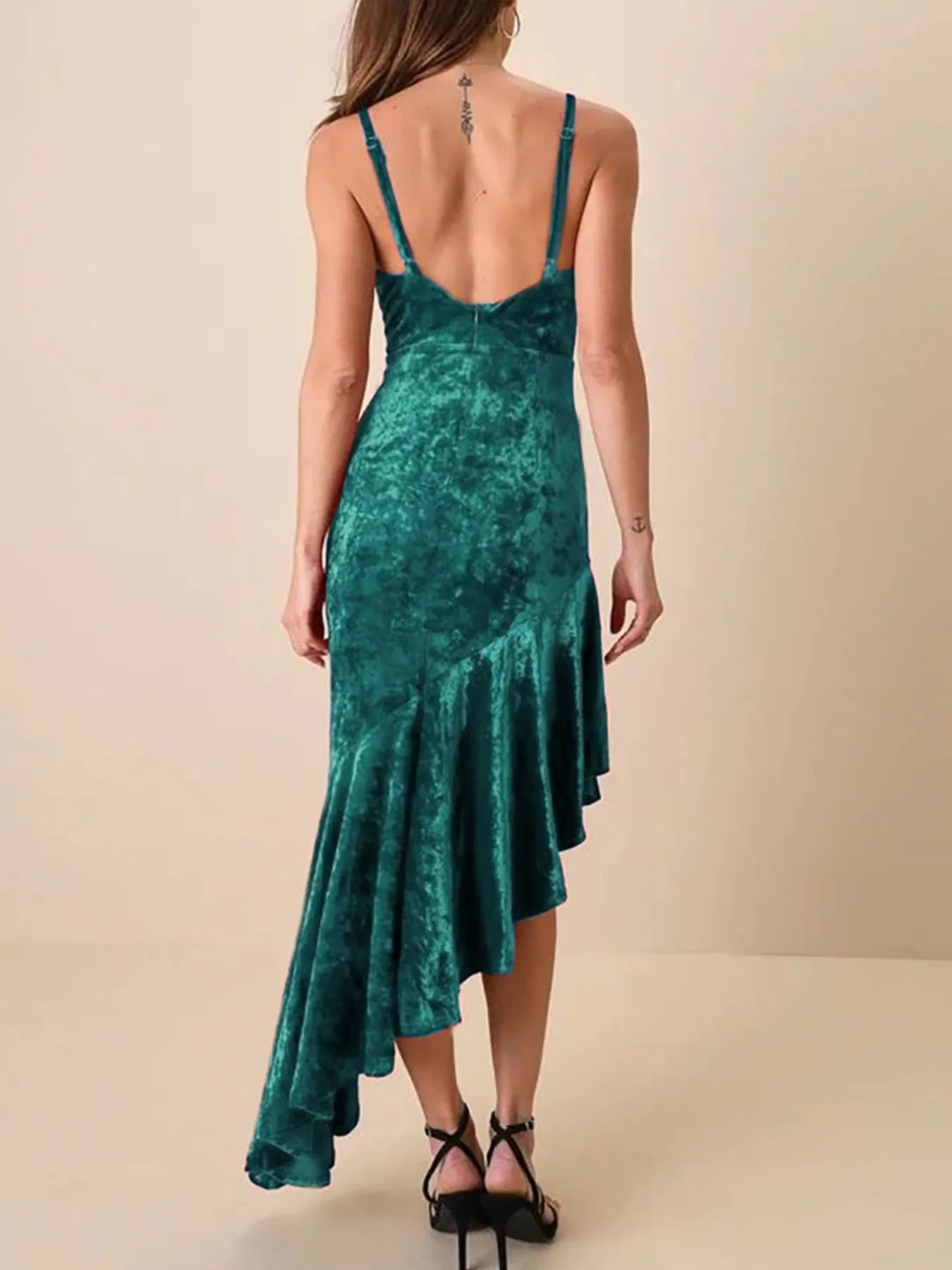 Image of Asymmetrical Velvet Cami Dress with Ruffle Hem | Queeble.shop