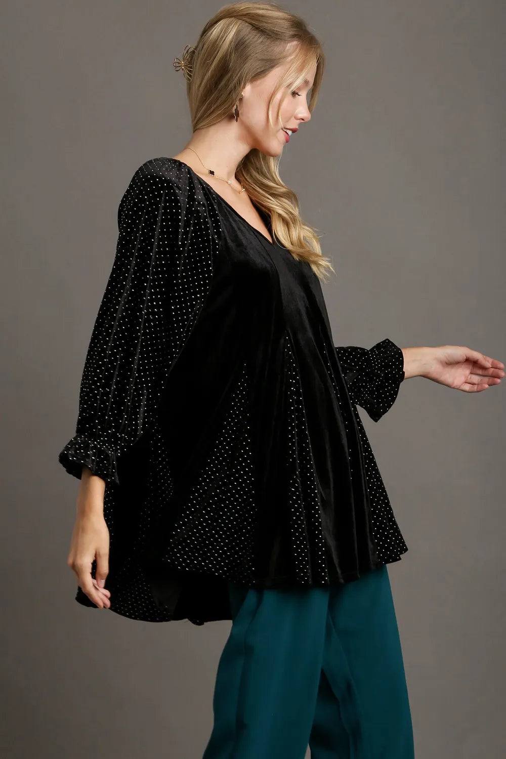 Image of Umgee Godet Hem Polka Dot V-Neck Blouse | Queeble.shop