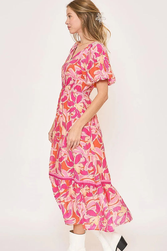 Image of Umgee Floral Notched Puff Sleeve Midi Dress | Queeble.shop