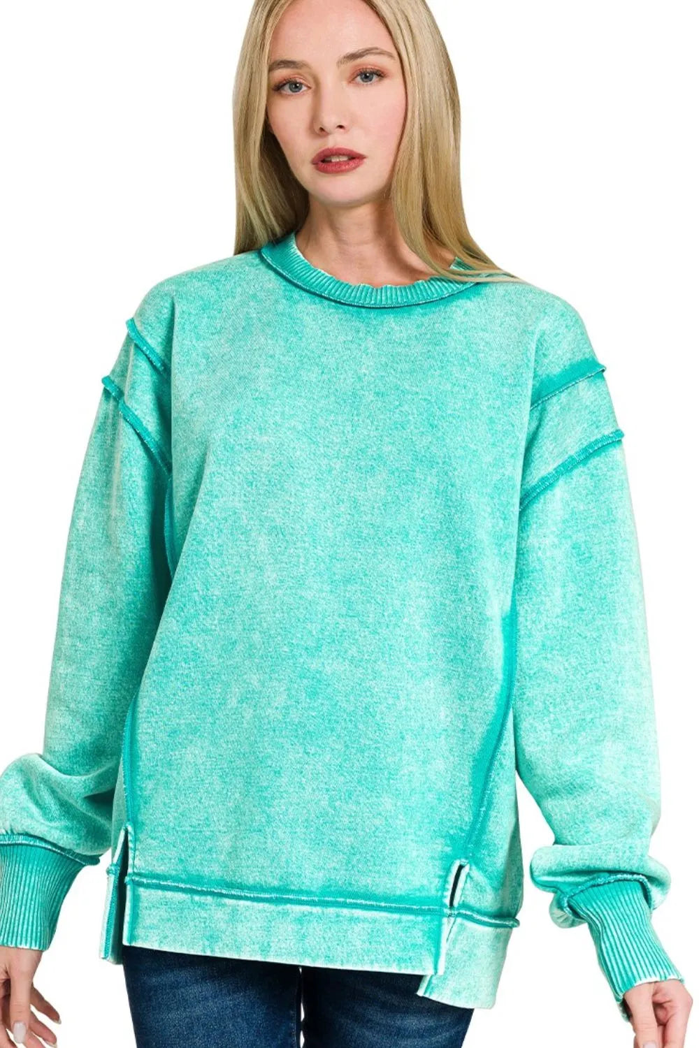 Image of Zenana Acid Wash Exposed-seam Fleece Sweatshirt | Queeble.shop