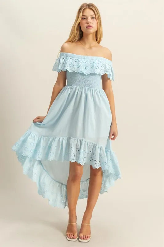 Image of HYFVE High-Low Eyelet Ruffled Off-Shoulder Dress | Queeble.shop