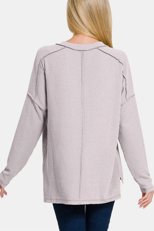 Image of Zenana Texture Exposed Seam V-Neck Long Sleeve T-Shirt | Queeble.shop