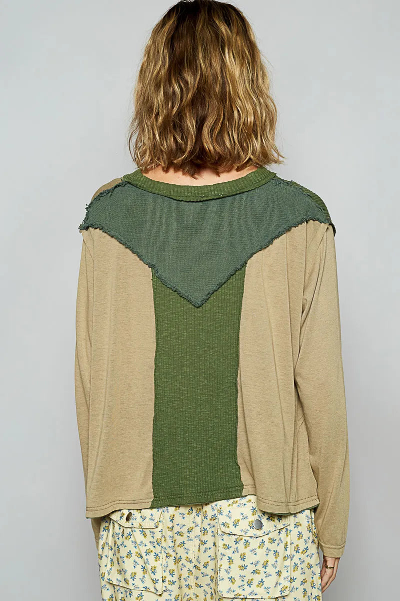 Image of POL Color Block Notched Long Sleeve T-Shirt | Queeble.shop