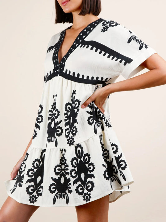 Image of Printed V-Neck Short Sleeve Mini Dress | Queeble.shop