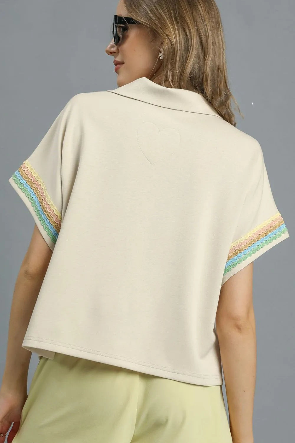 Image of Umgee Contrast Trim Half Zip Collared Blouse | Queeble.shop