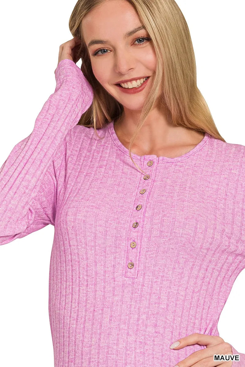 Image of Zenana Ribbed Long Sleeve Half Button Top | Queeble.shop