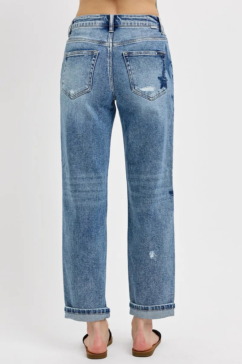 Image of RISEN Full Size Mid Rise Boyfriend Star Shadow Detail Cuffed Jeans Plus Size | Queeble.shop