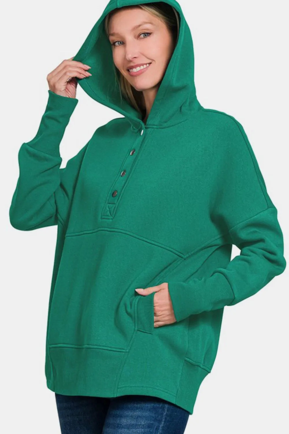 Image of Zenana Half Snap Long Sleeve Hoodie with Kangaroo Pocket | Queeble.shop