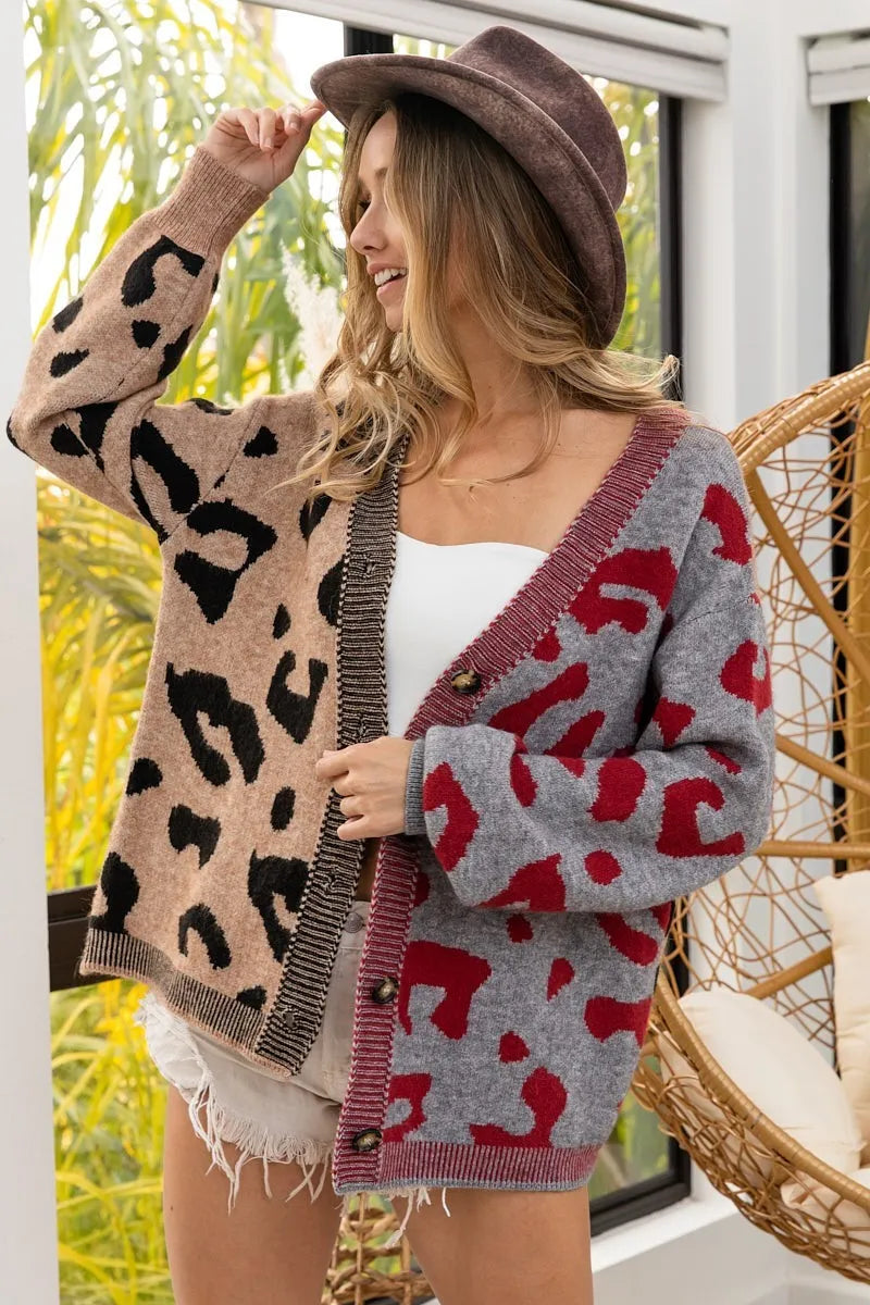 Image of BiBi Leopard Color Block Button Down Sweater Cardigan | Queeble.shop