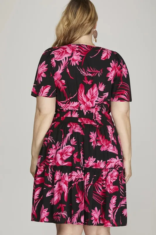 Image of She + Sky Full Size Printed Notched Short Sleeve Frill Tiered Dress Plus Size | Queeble.shop