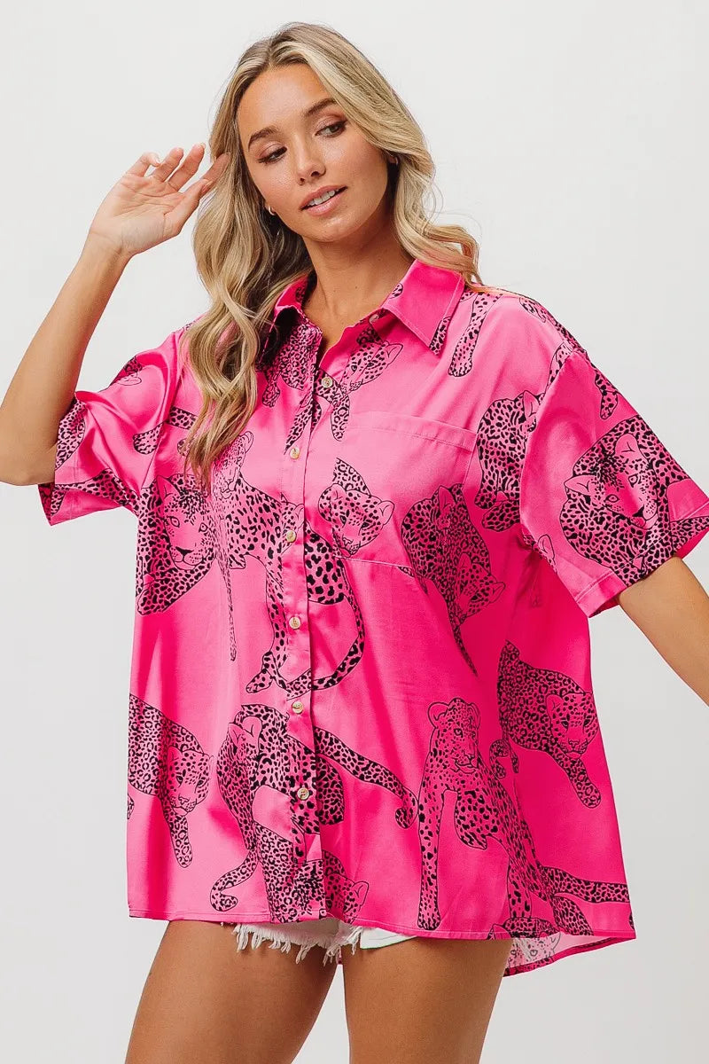 Image of BiBi Leopard Print Short Sleeve Silky Satin Shirt Top | Queeble.shop