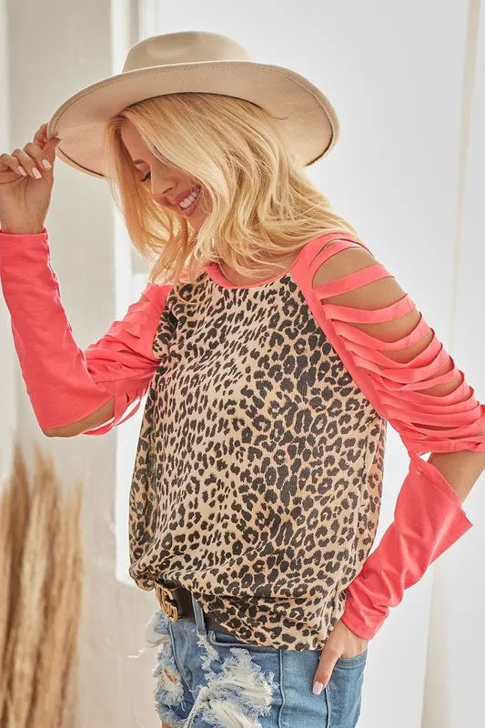 Image of BiBi Leopard Thermal Top with Tie Dye Laser Cut Sleeves | Queeble.shop