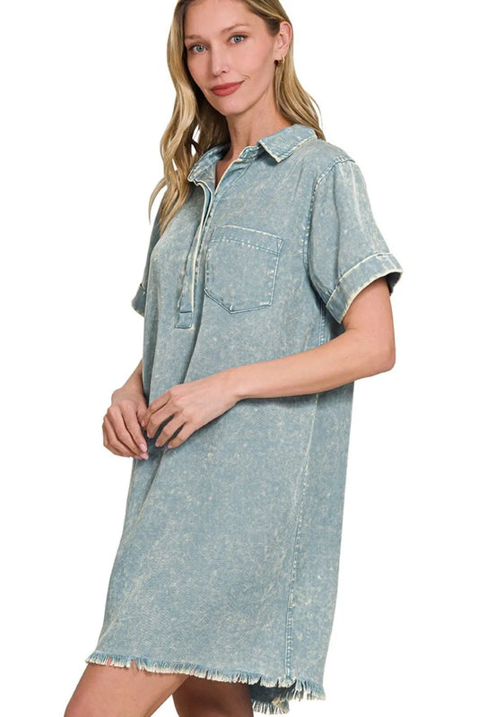 Image of Zenana Tencel Mineral Washed Collared Shirts Dress | Queeble.shop