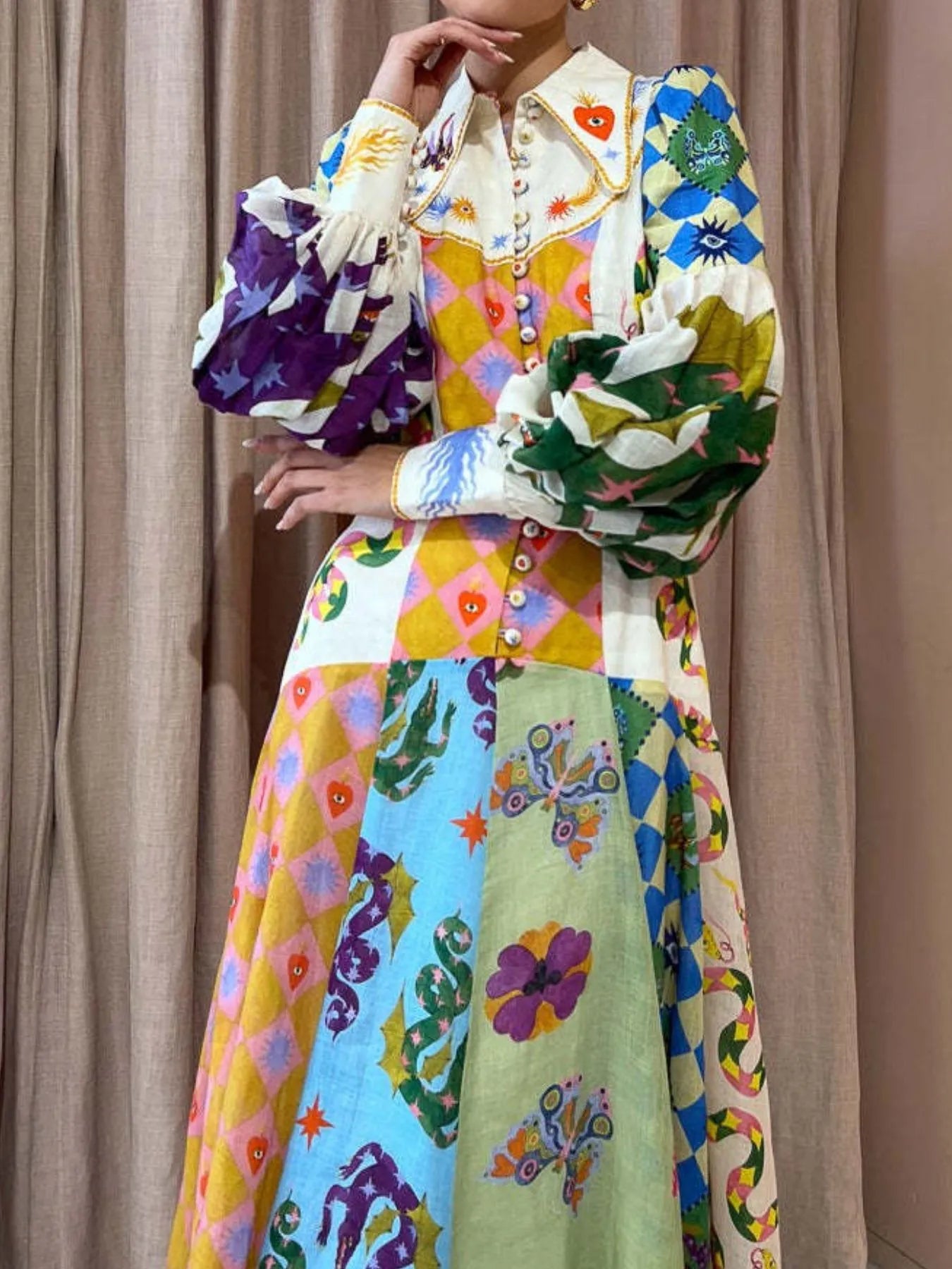 Image of Printed Lantern Sleeve Midi Shirt Dress | Queeble.shop