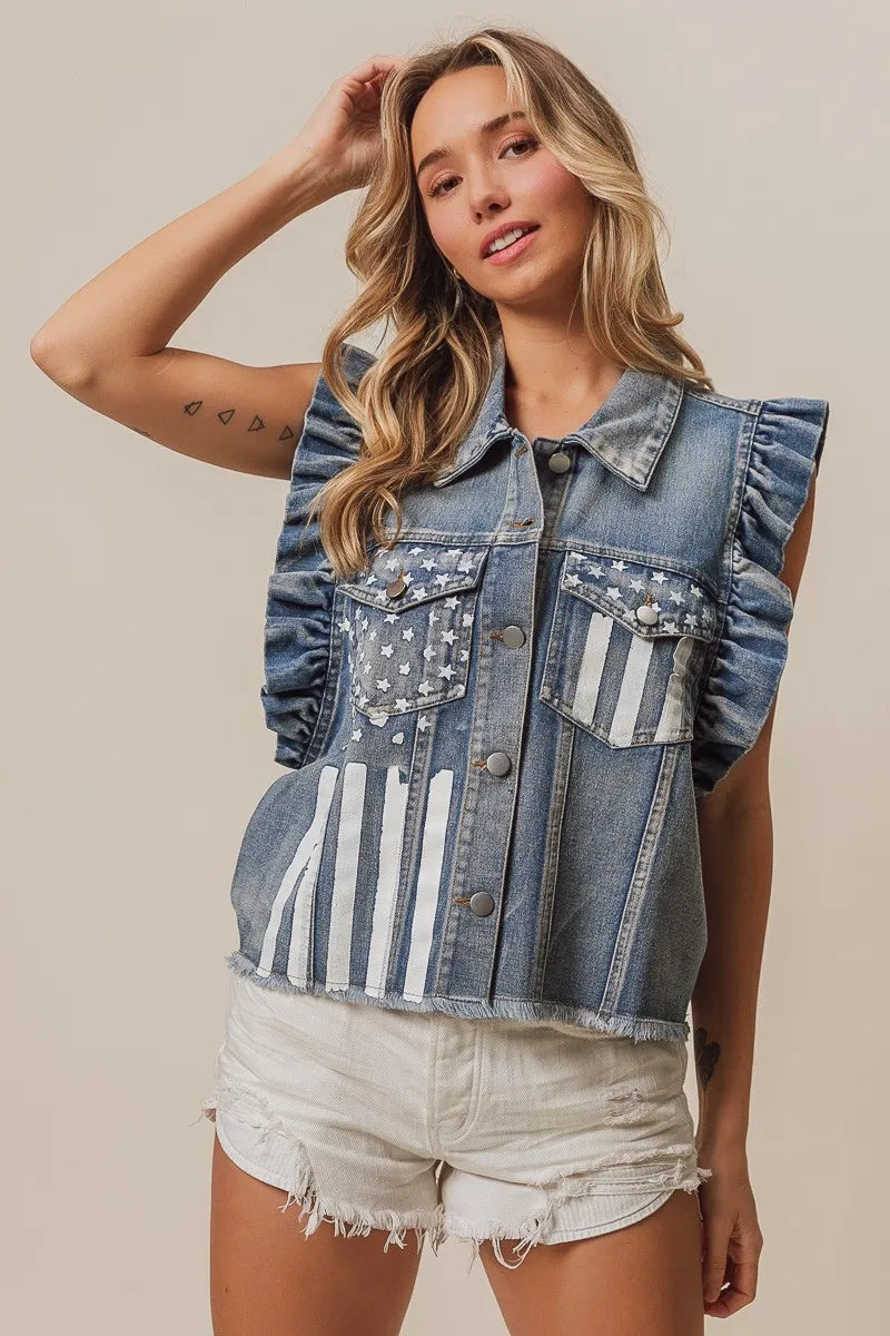 Image of BiBi American Flag Washed Denim Jacket | Queeble.shop