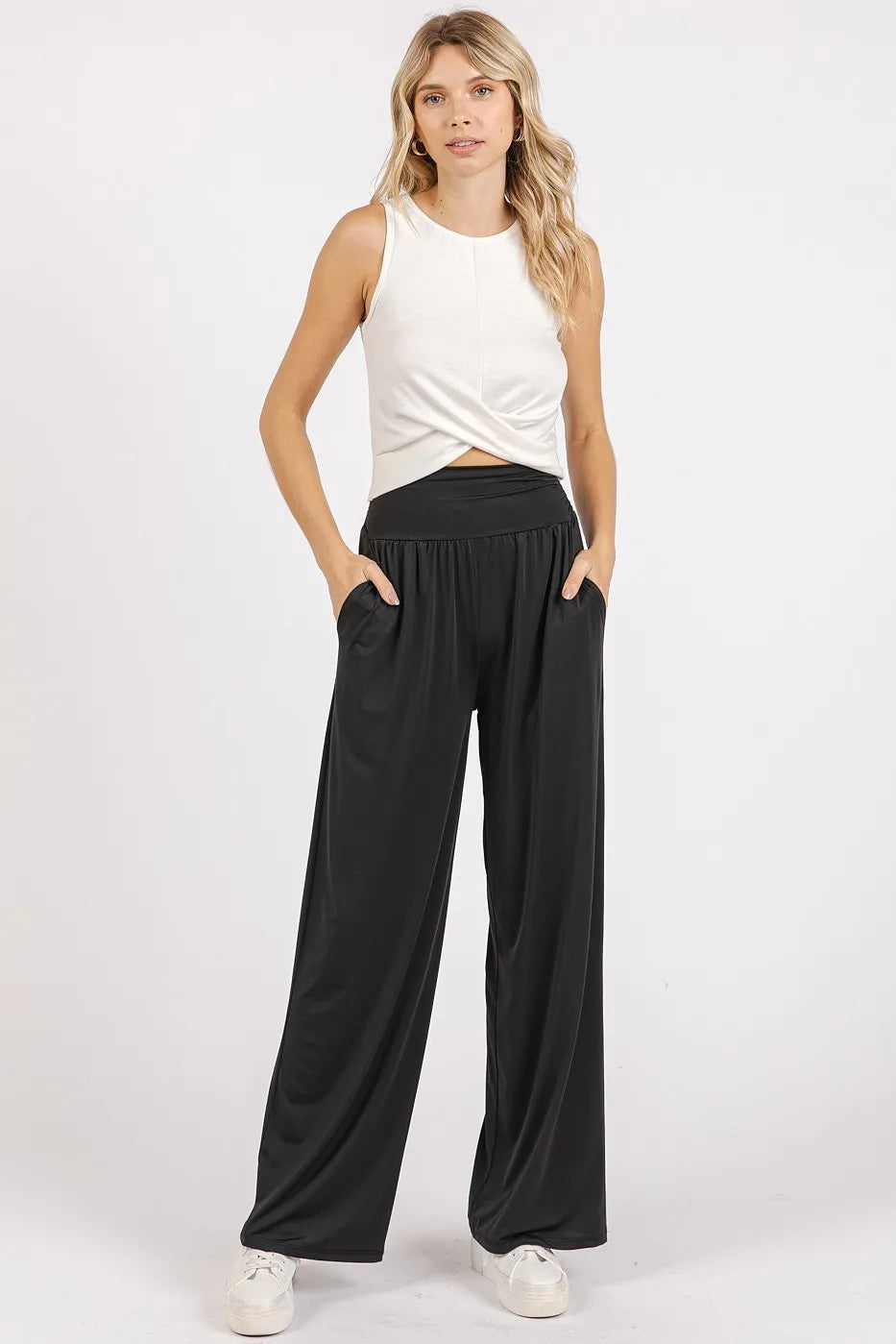 Image of Mittoshop Stretch Banded Waist Wide Leg Pants with Pockets | Queeble.shop
