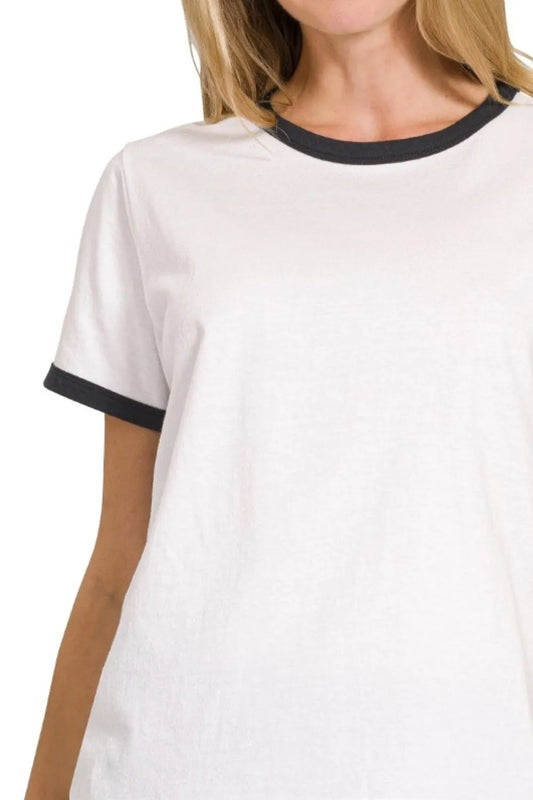 Image of Zenana Contrast Binding Short Sleeve Tee Shirts | Queeble.shop