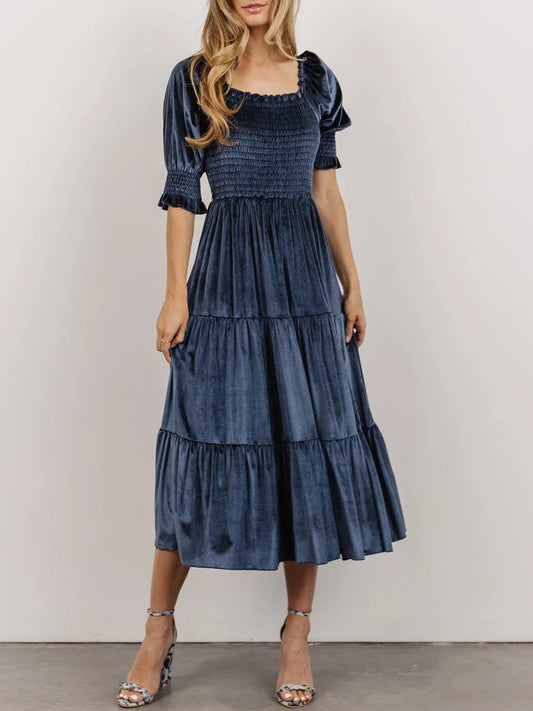 Image of Smocked Half Sleeve Tiered Midi Dress | Queeble.shop