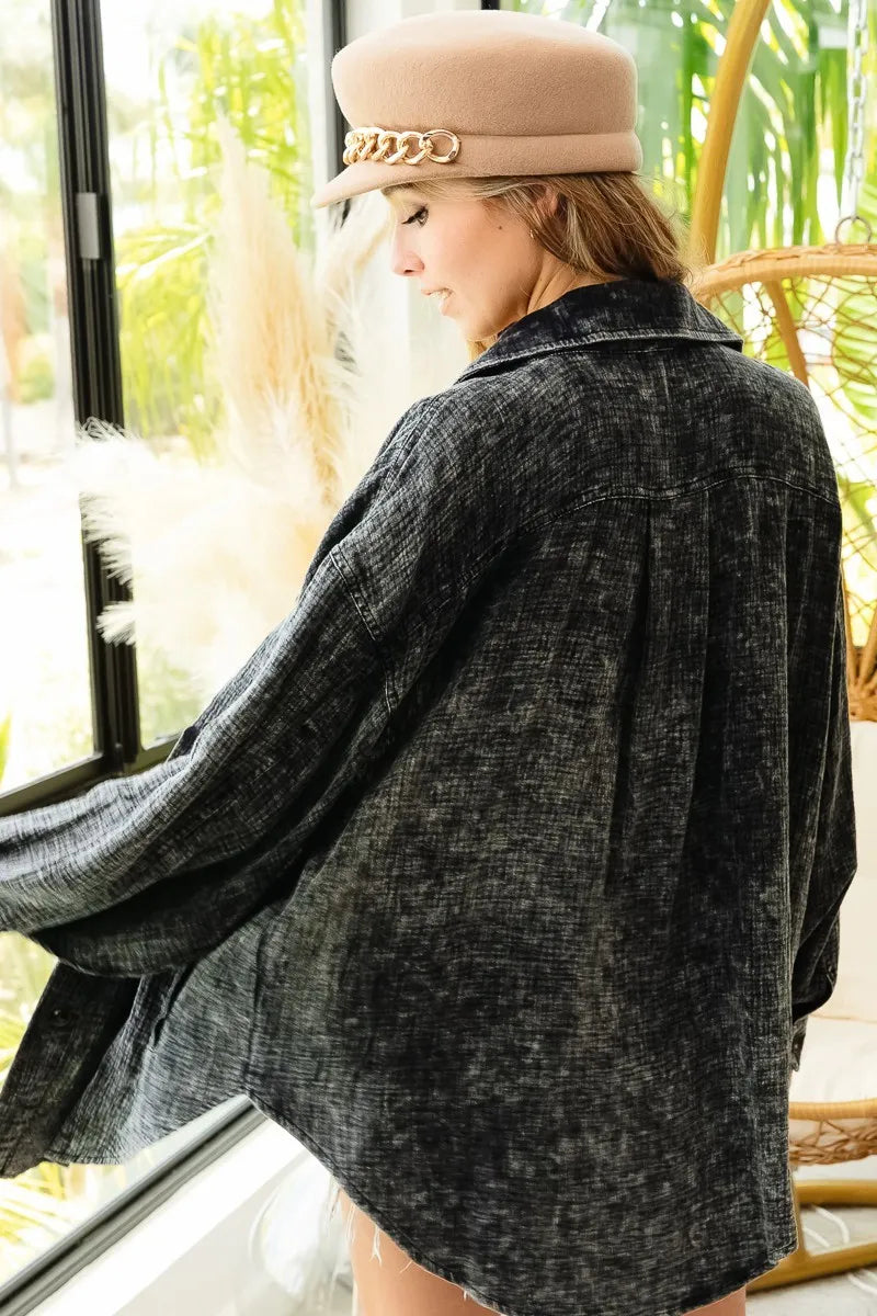 Image of BiBi Vintage Washed Wrinkle Gauze Shacket | Queeble.shop