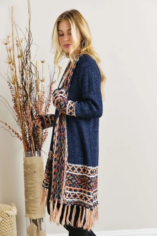 Image of ADORA Full Size Fringe Hem Aztec Border Cardigan Plus Size | Queeble.shop