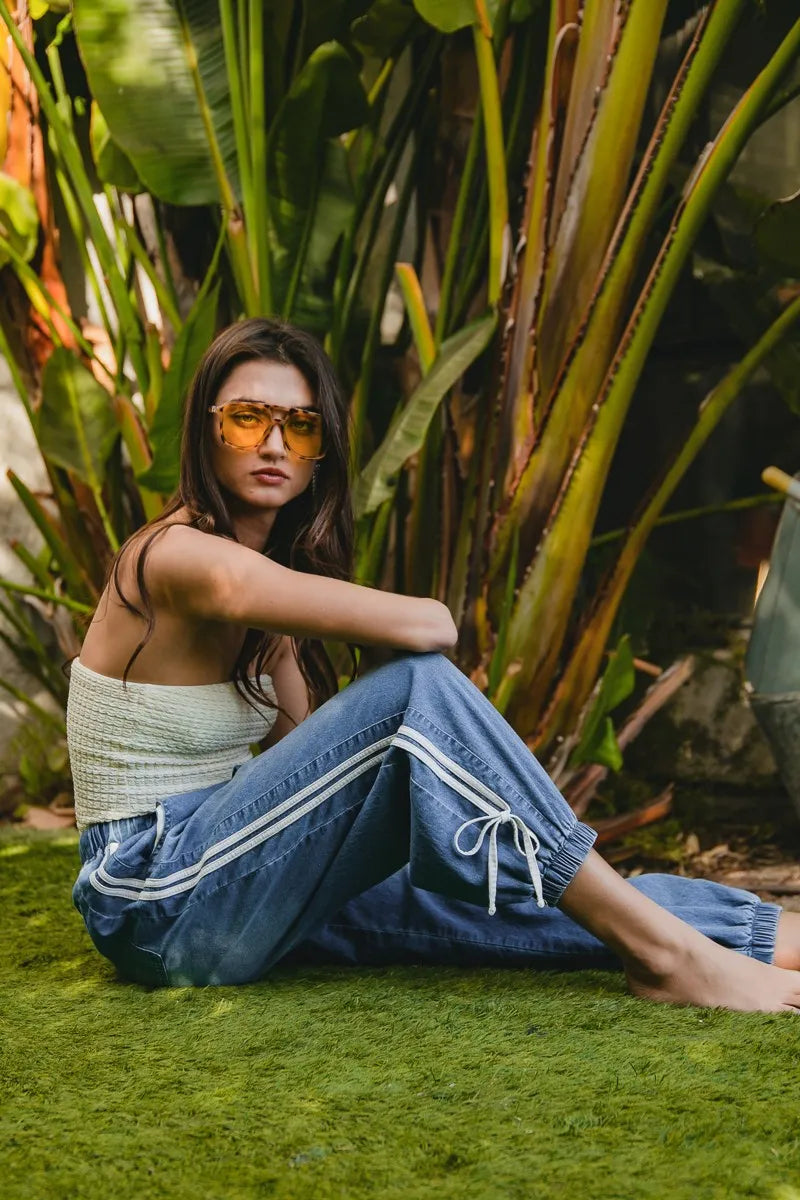 Image of BiBi Striped Tape Details With Bot Tied Point Elastic Waist Jeans | Queeble.shop