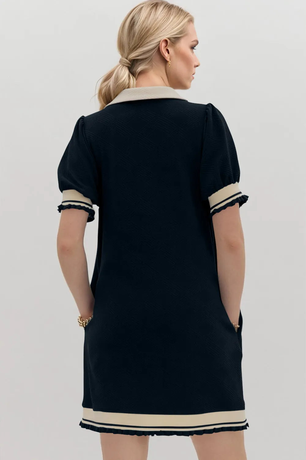 Image of Oh Frill Contrast Trim Johnny Collar Short Sleeve Mini Dress | Queeble.shop
