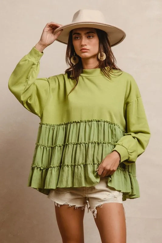 Image of BiBi French Terry and Woven Mixed Tiered Top | Queeble.shop