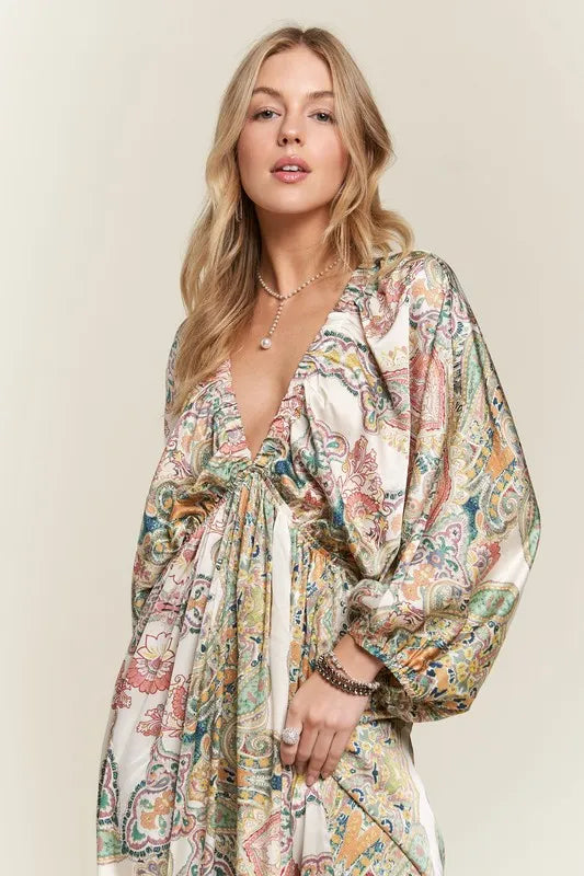 Image of ADORA Printed V-Neck Batwing Sleeve Dress | Queeble.shop