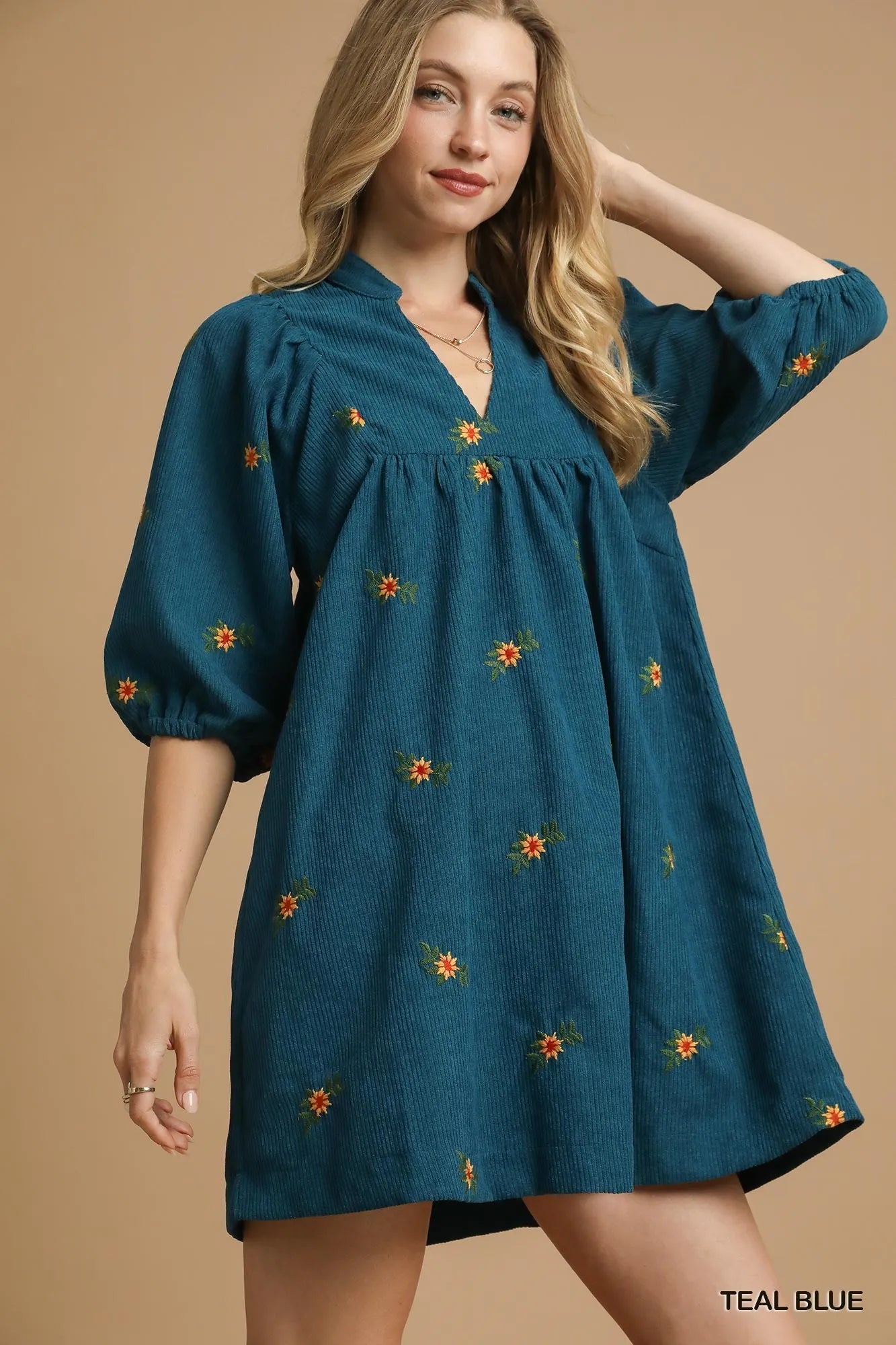 Image of Umgee Corduroy Babydoll Dress with Floral Embroidery | Queeble.shop