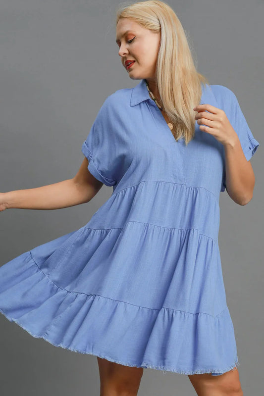 Image of Umgee Full Size Raw Hem Folded Sleeve Tiered Dress Plus Size | Queeble.shop