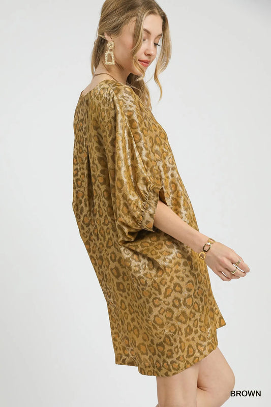 Image of Umgee Metallic Leopard Print V-Neck Kimono Dress | Queeble.shop