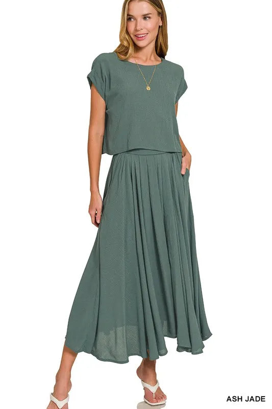 Image of Zenana Woven Crinkle Gauze Crop Tee and Skirt Set | Queeble.shop