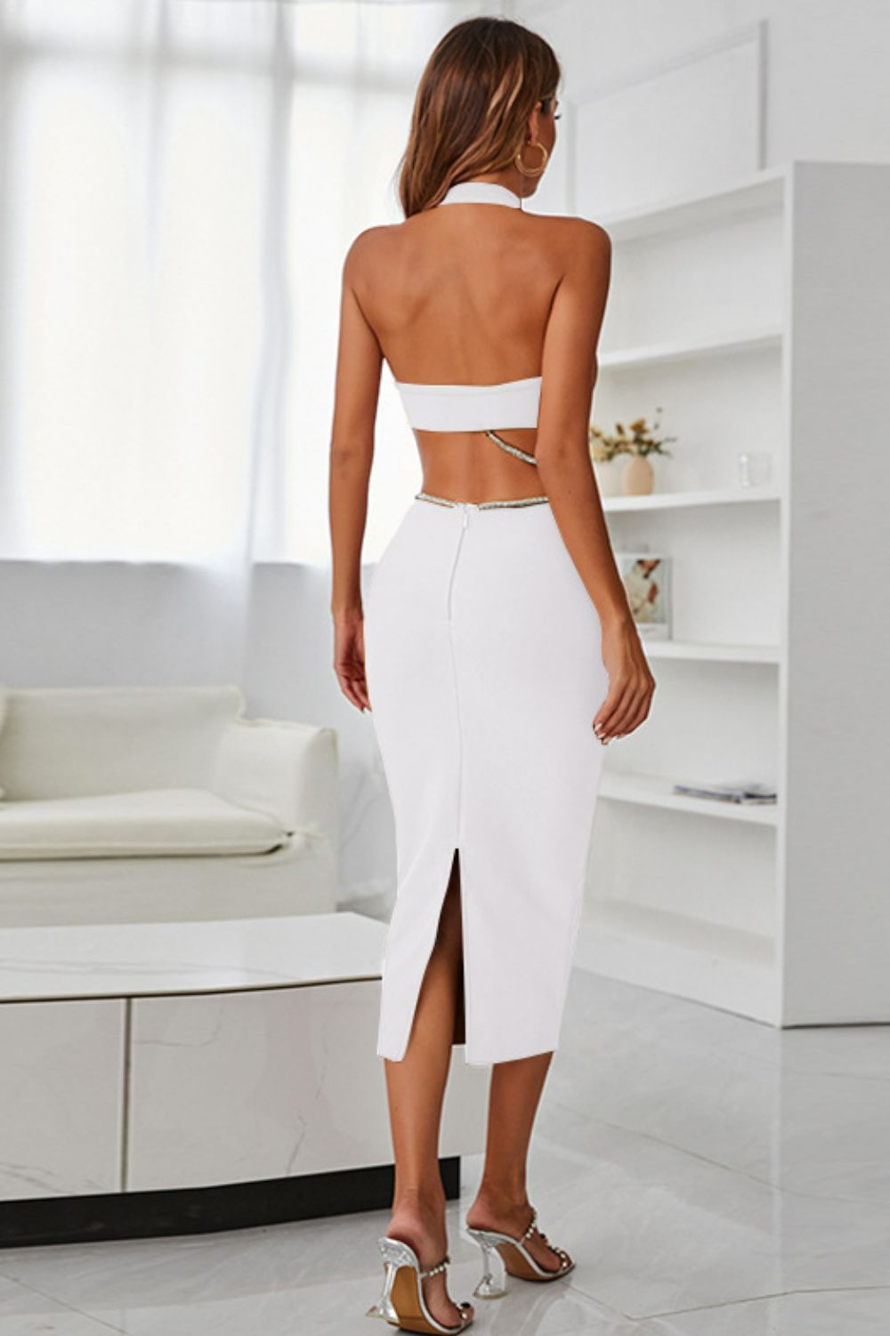 Image of Rhinestone Halter Neck Cutout Slit Midi Dress | Queeble.shop