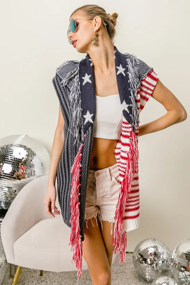 Image of BiBi American Flag Fringe Edged Sweater Vest | Queeble.shop