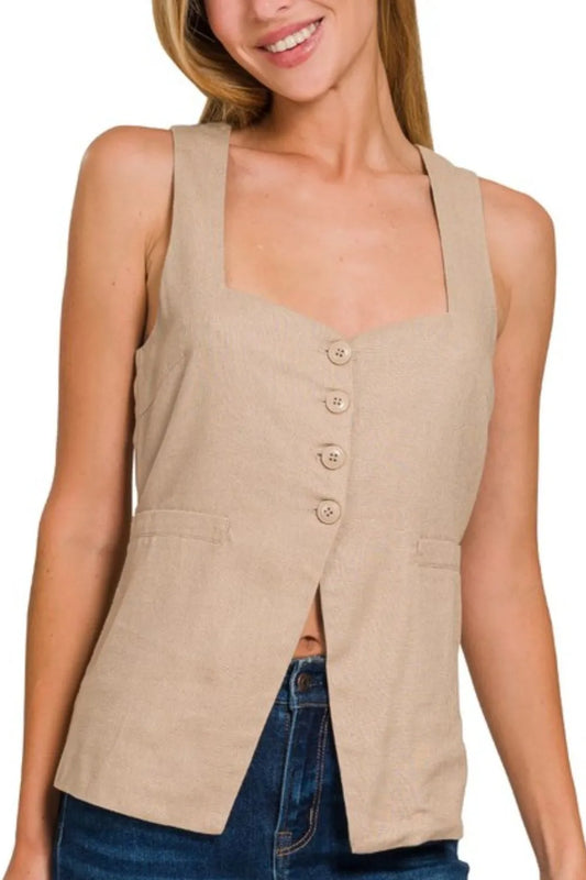 Image of Zenana Linen Tie-back 4-button Vest with Lining | Queeble.shop
