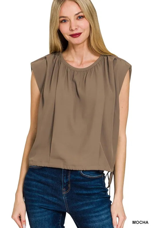 Image of Zenana Woven Drawstring Tie Side Sleeveless Top | Queeble.shop