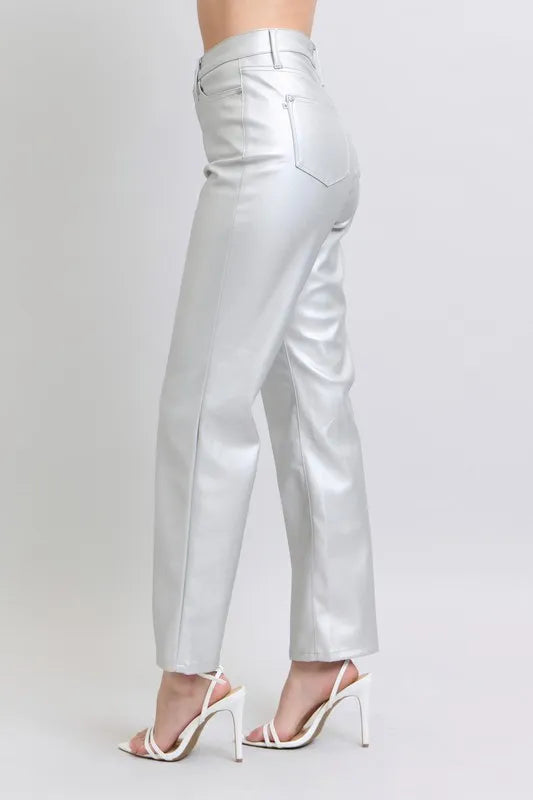 Image of Judy Blue Full Size High Waist Silver Faux Leather Pants Plus Size | Queeble.shop