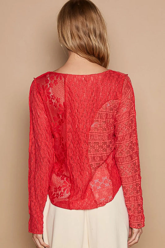 Image of POL Exposed Seam Long Sleeve Lace Knit Top | Queeble.shop
