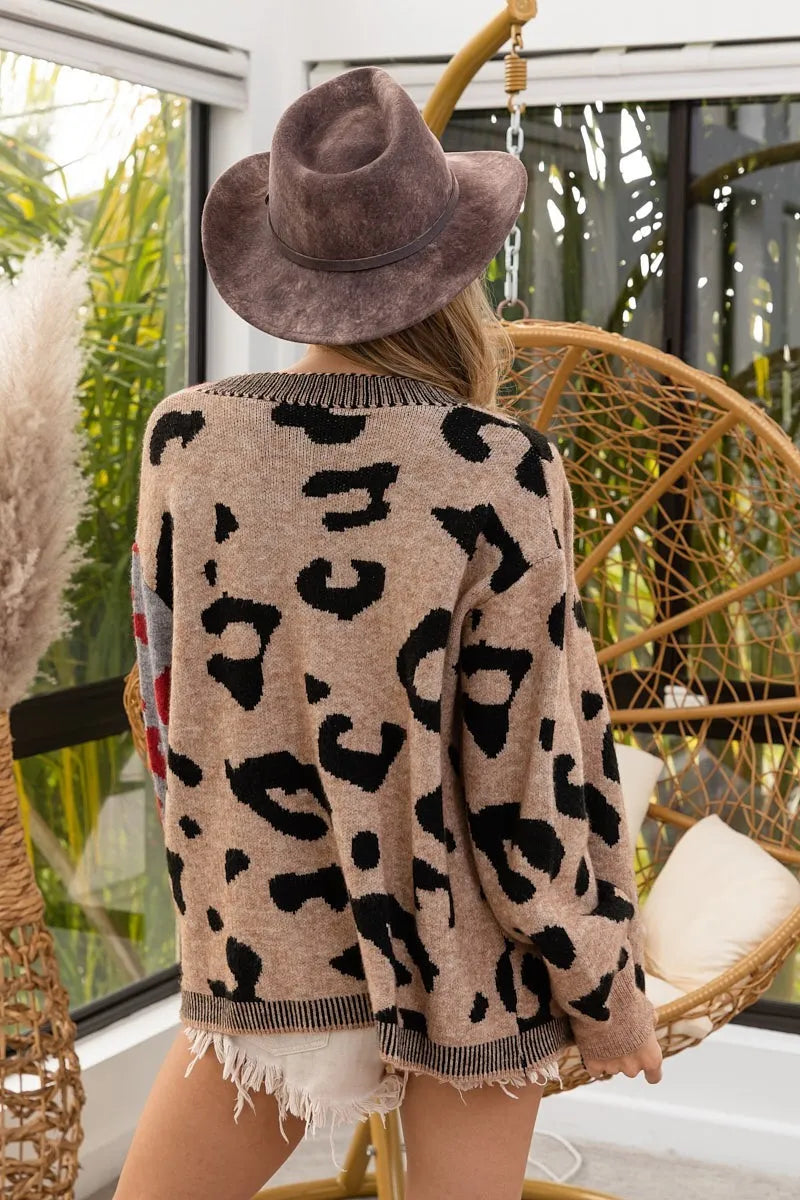 Image of BiBi Leopard Color Block Button Down Sweater Cardigan | Queeble.shop