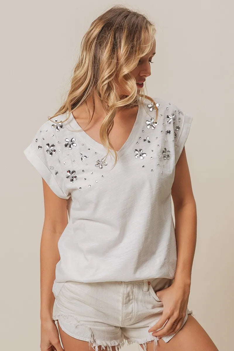 Image of BiBi Slub Jersey Rhinestone V Neck Top | Queeble.shop