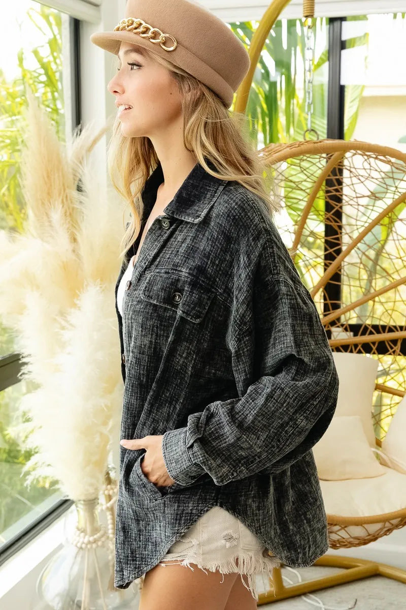 Image of BiBi Vintage Washed Wrinkle Gauze Shacket | Queeble.shop