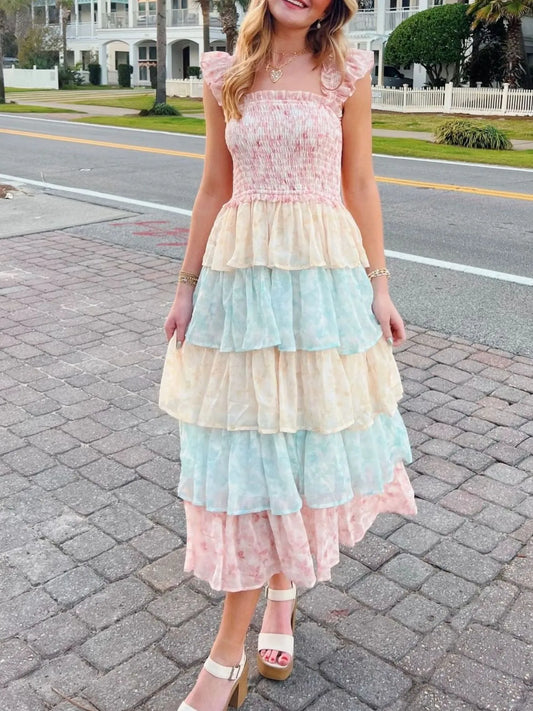 Image of Smocked Ruffle Layered Floral Midi Dress | Queeble.shop