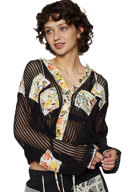 Image of POL Vintage Washed Crochet Hoodie Jacket With Patchwork | Queeble.shop