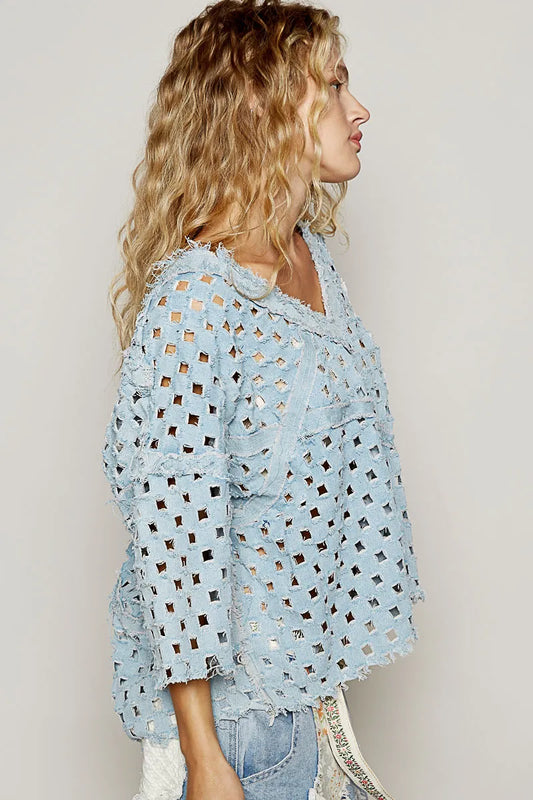 Image of POL V-Neck Short Sleeve Top with Laser Cut Detail | Queeble.shop