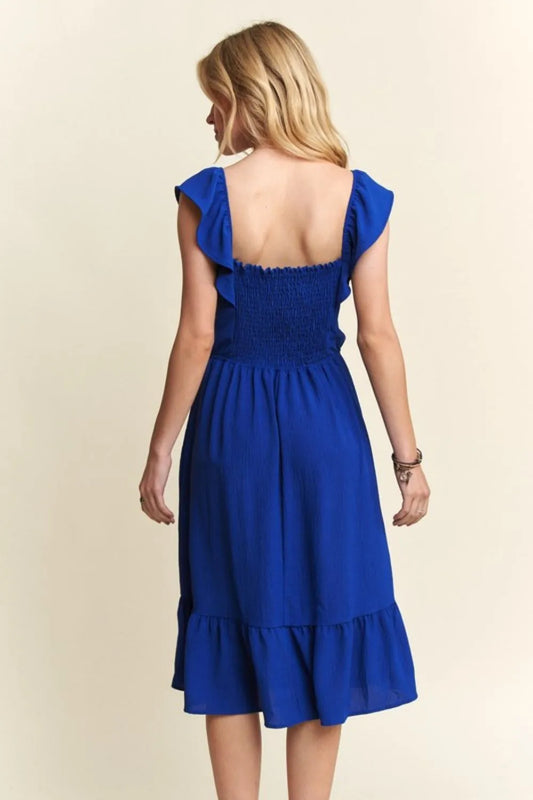 Image of ADORA Smocked Square Neck Ruffled Cap Sleeve Dress | Queeble.shop