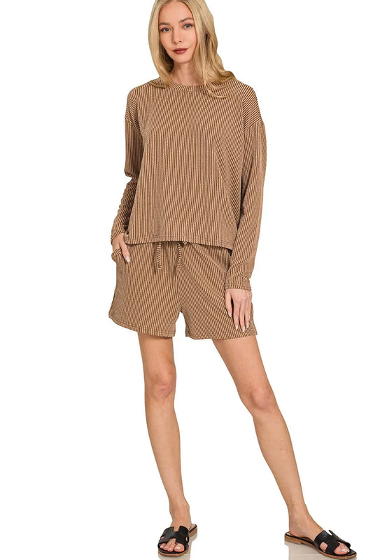 Image of Zenana Corded Rib Long Sleeve Tee and Shorts Set | Queeble.shop