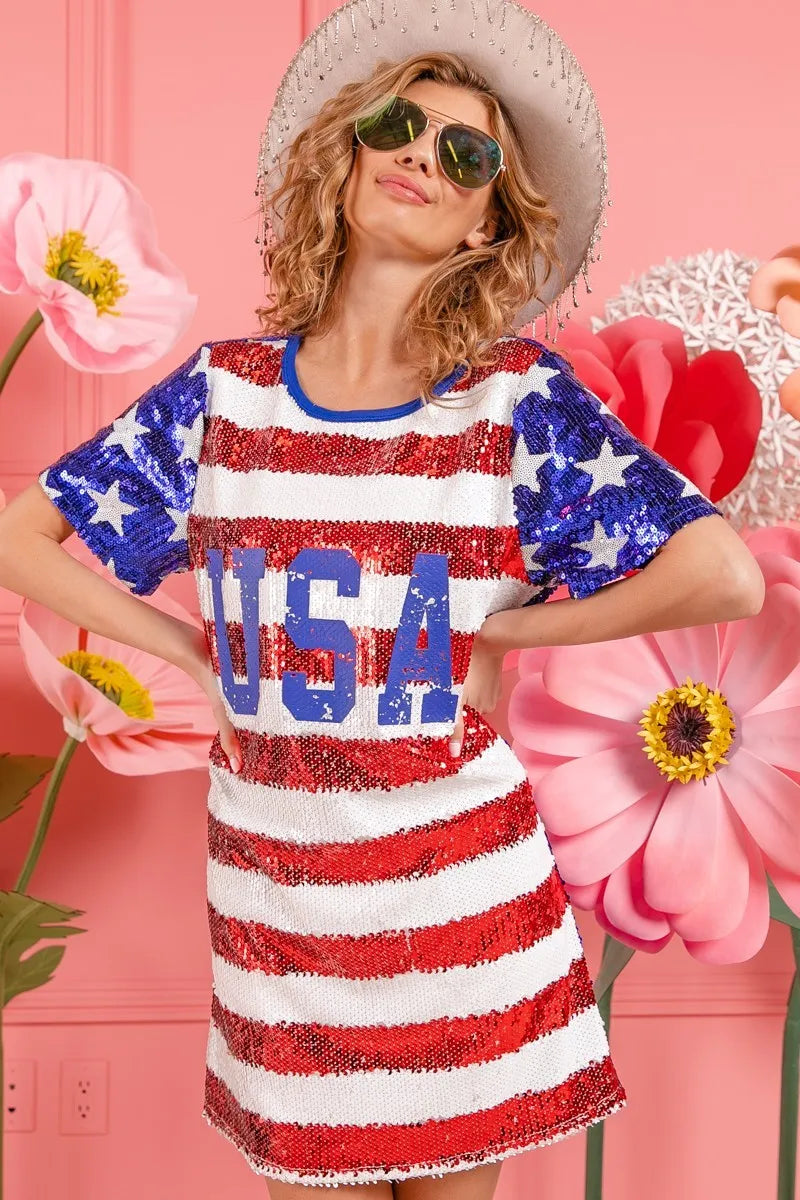 Image of BiBi American Flag Theme Usa Print Sequin Dress | Queeble.shop