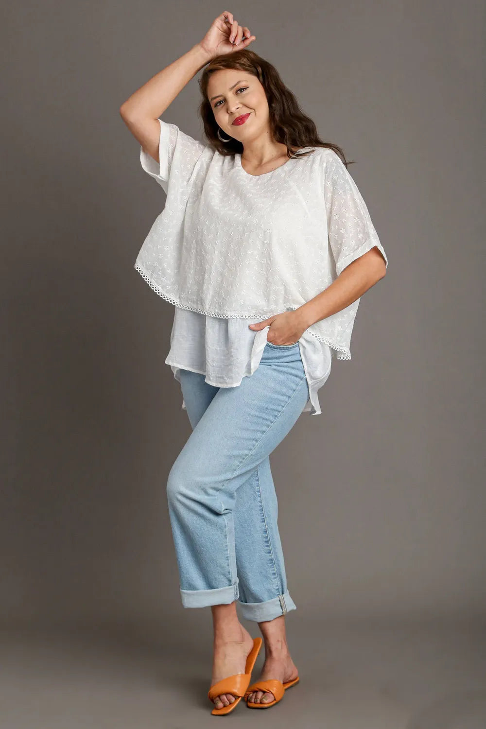 Image of Umgee Full Size Eyelet Layered Short Sleeve Blouse Plus Size | Queeble.shop