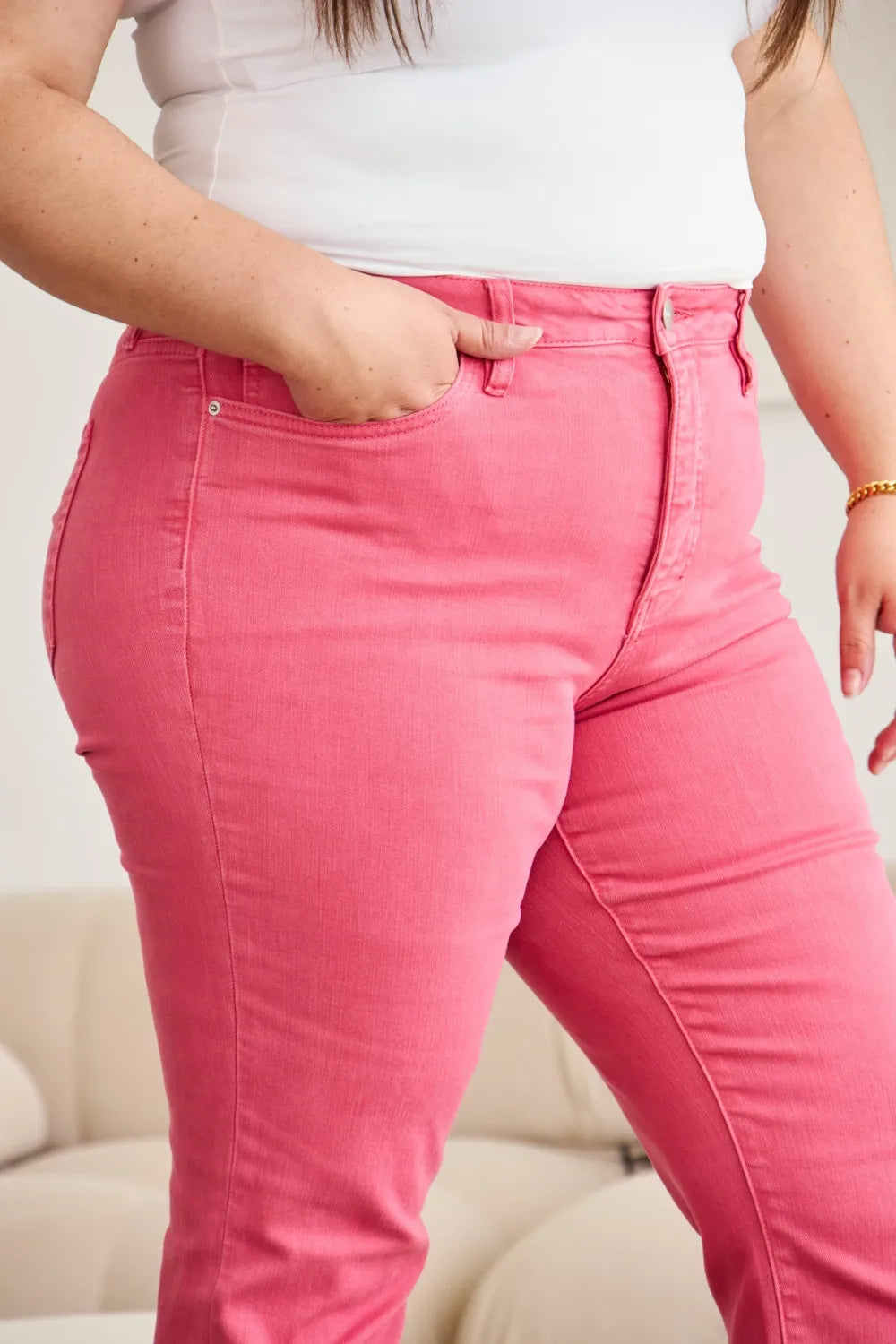 Image of RFM Crop Dylan Full Size Tummy Control High Waist Raw Hem Jeans | Queeble.shop