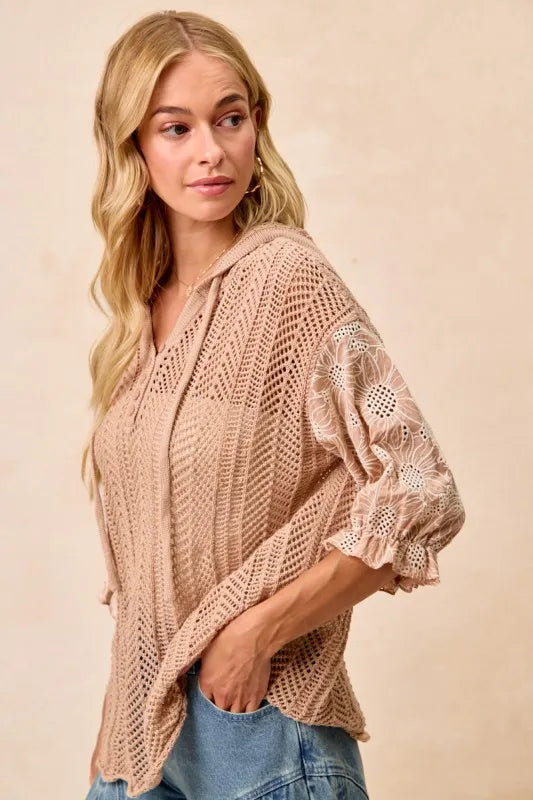 Image of BiBi Jacquard Flower Puff Sleeve Hooded Knit Top | Queeble.shop